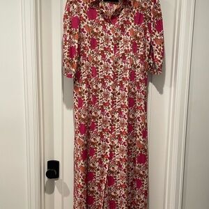 Button-Front Floral Maxi Dress in Pink and Brown